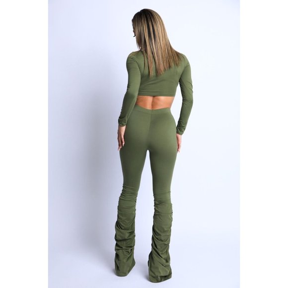 Women Stylish Tie Front Long Sleeve Crew Neck Top and Matching Ruched Pants Sets - Picture 11 of 11
